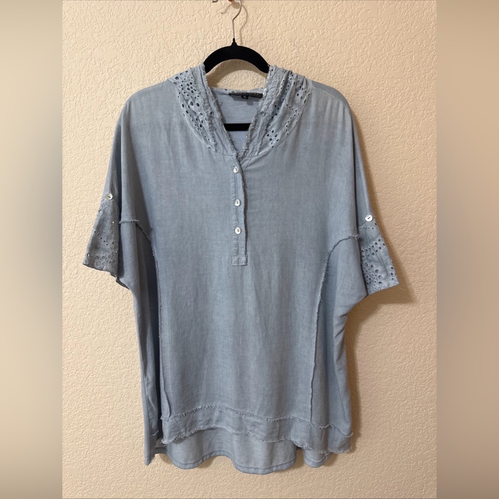 Flora Ashley Top Blouse Shirt‎ Women's Sz XL Eyelet Lagenlook Baggy Hooded Blue